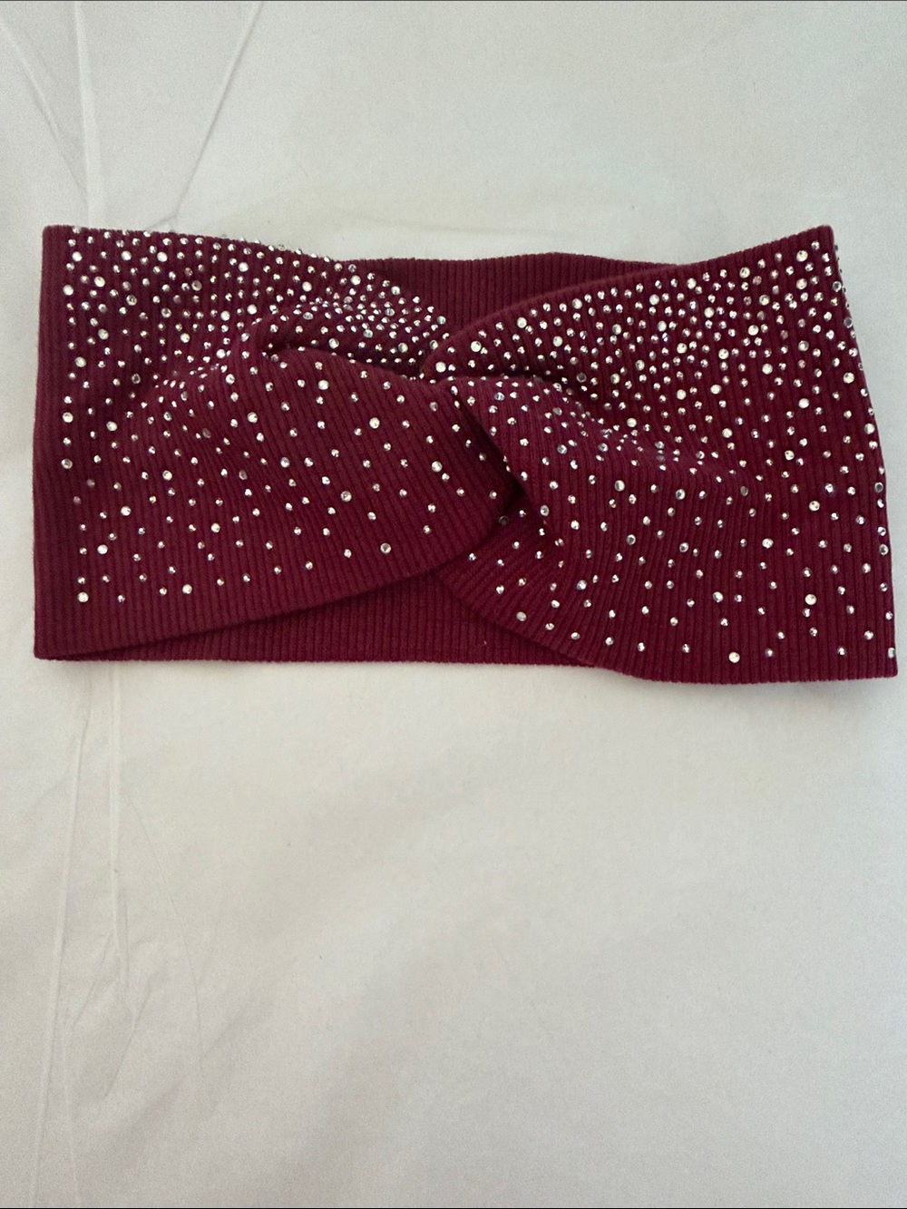 Twist Knit Headband with Rhinestones - Burgundy